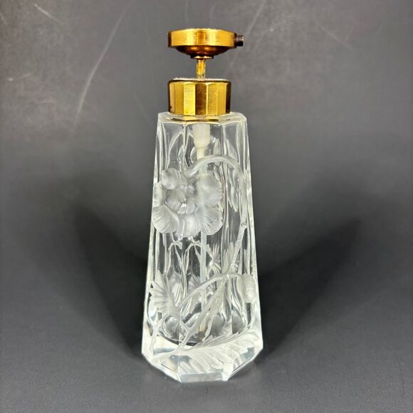 Moser Intaglio Perfume Bottle Atomizer Cut Floral Clear Glass Decoration Vintage - Picture 4 of 9